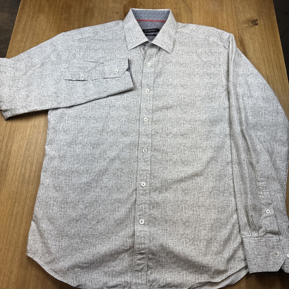 Bugatchi Uomo Shaped Fit Long Sleeve Button Down Shirt Mens M Gray Stripe Print - Picture 2 of 9